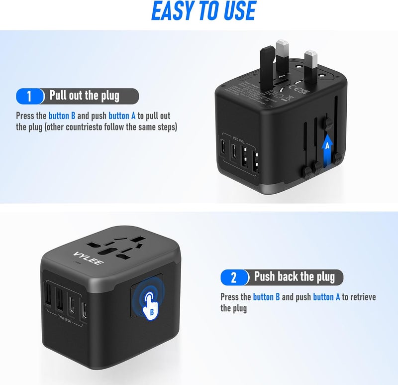 VYLEE Universal Travel Adapter, 5 in 1 International Power Adapter, 3.5A 2xUSB-A and 2xUSB C Wall Charger, Worldwide Travel Essentials Plug for Europe USA UK AUS Asia (Black Grey) - Image 5